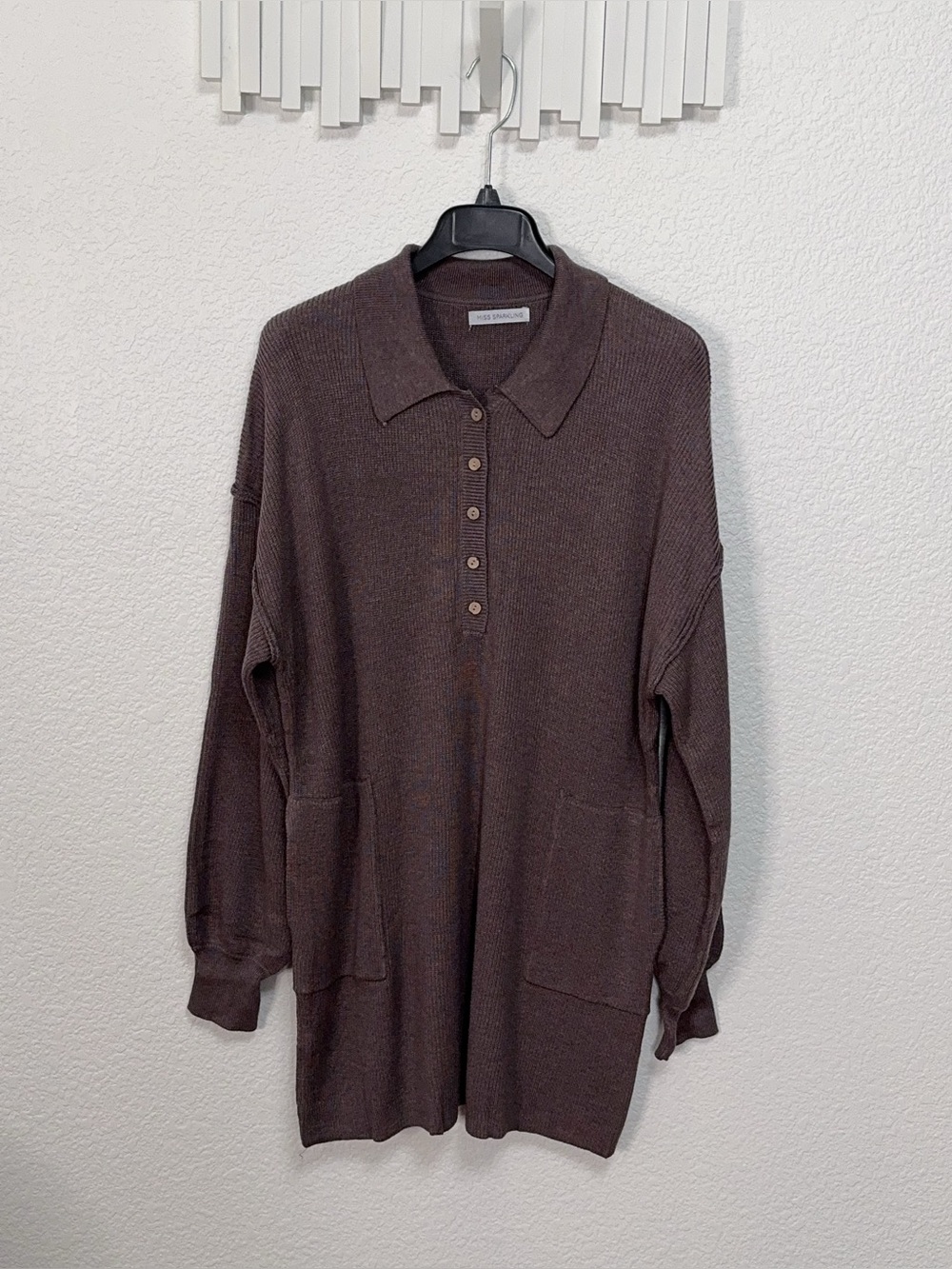 Miss Sparkling Collared Sweater Dress Henley Button Long Sleeve Pocket Knit Mini